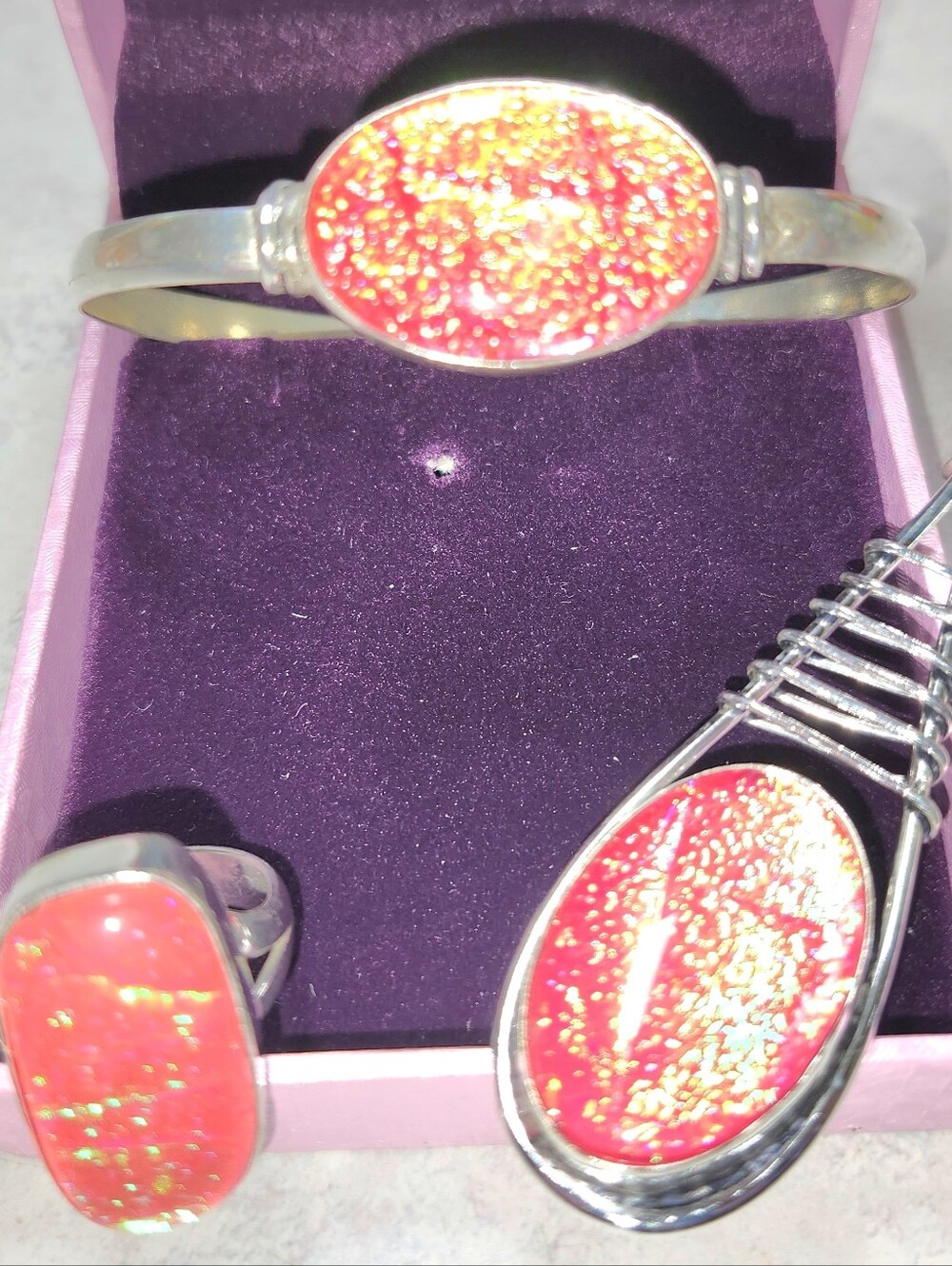 NEW! .925 SS Jewelery Set In Pink Triplet Opal Fire, Ring, Pendant,jBracelet.